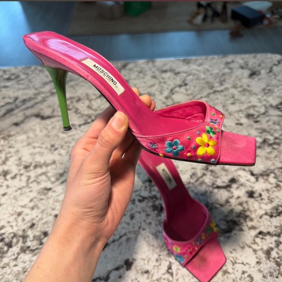 Moschino Shoes - Moschino Pink Floral Embroidered Mule with Green Stiletto Heel